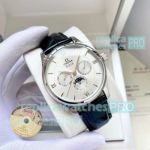 AAA replica Omega De Ville white dial moon phase automatic watch black leather strap 